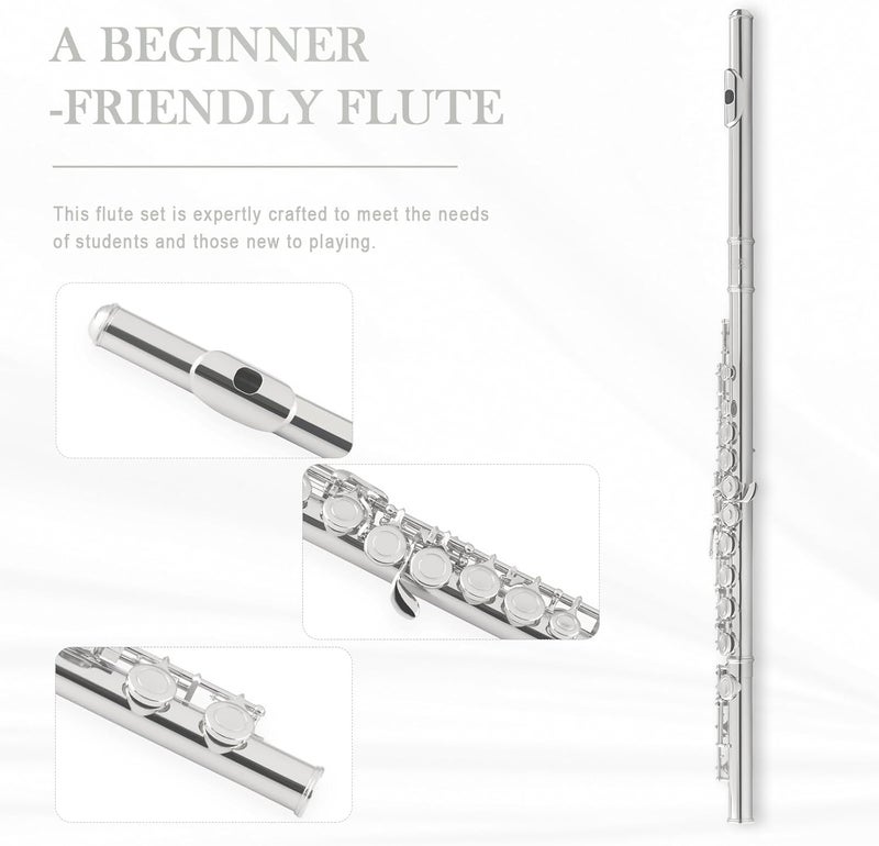 SONICAKE Closed Hole 16 Keys Flute, Silver-plated C Flutes for Beginner Student, Flute Instrument with Cleaning Kit, Carrying Case, Gloves, Tuning Rod, QFL-11 - Image 2